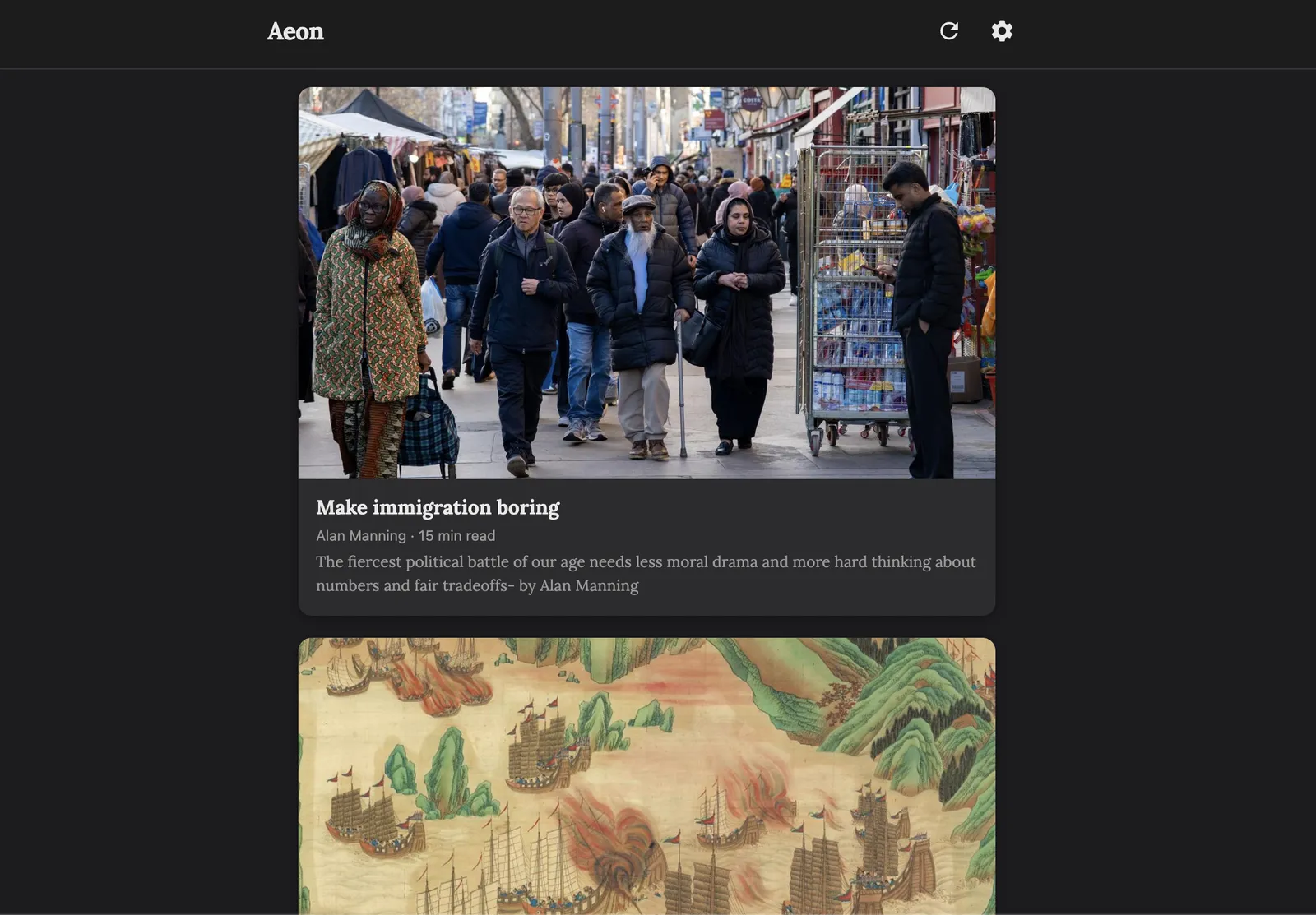 Aeon Reading homepage with parsed distraction-free articles list