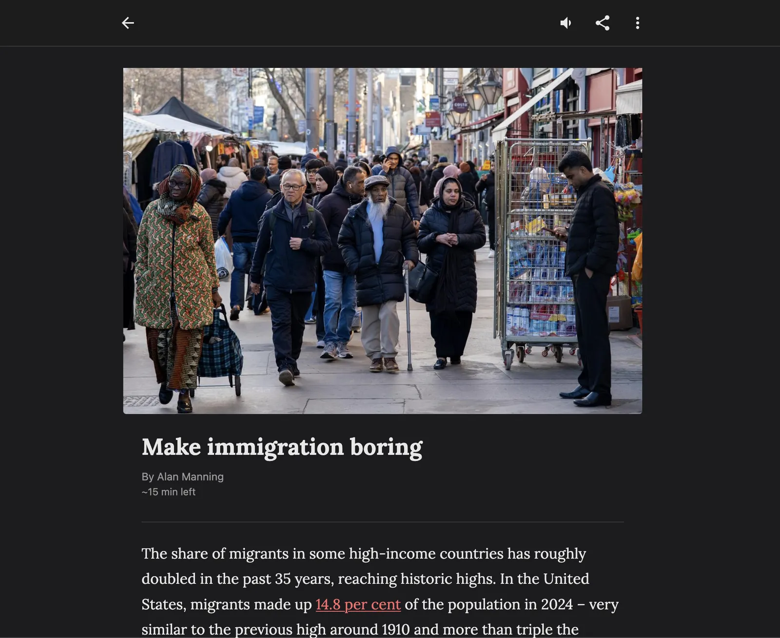 Aeon Reading full-width reading view focused on text content