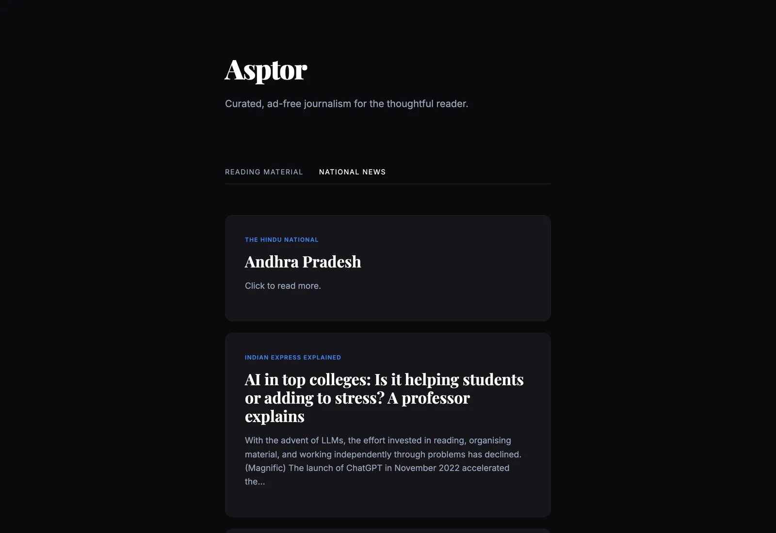Asptor homepage showing latest national news articles from top publications