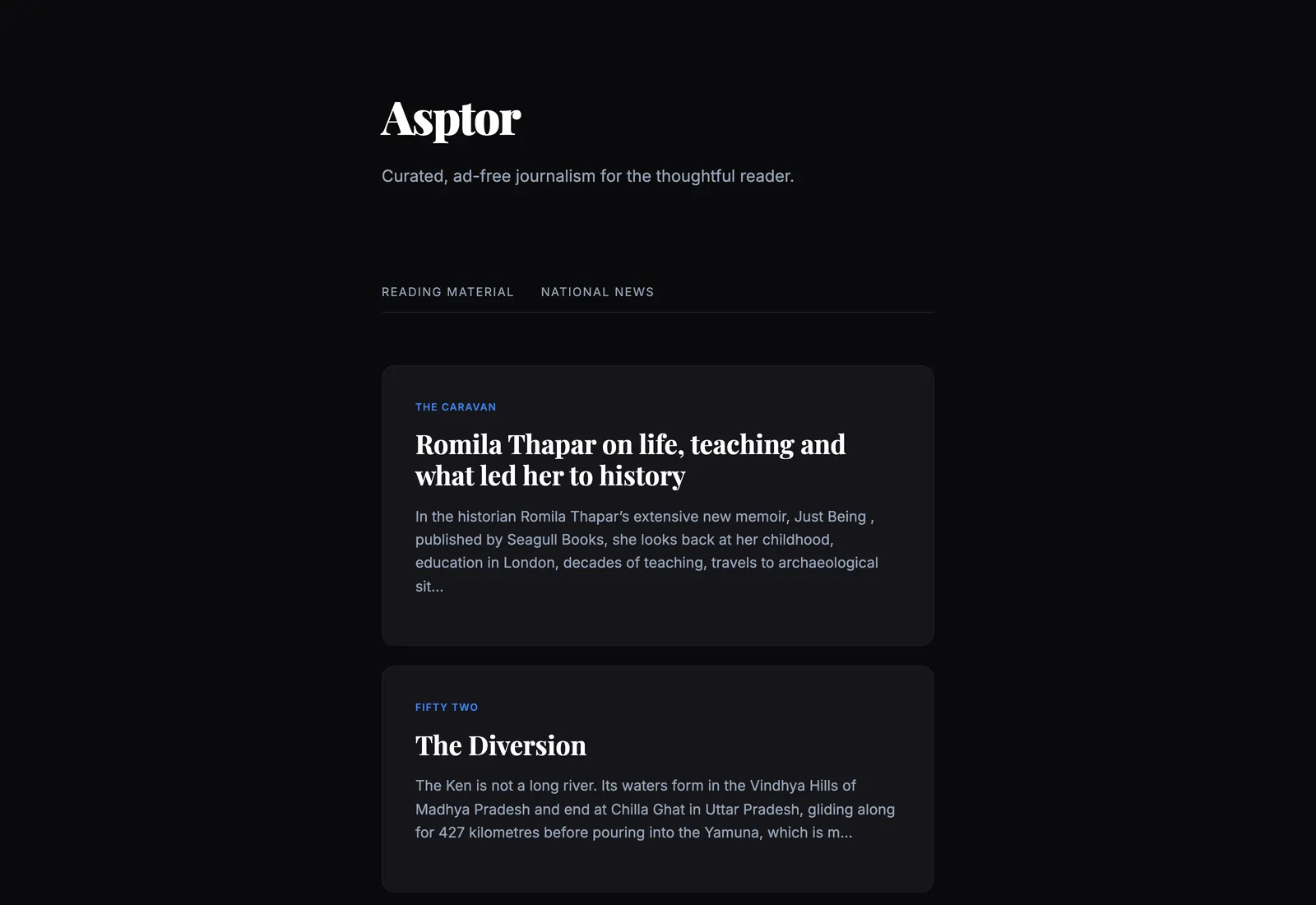 Asptor homepage showing categorized reading materials for CAT prep