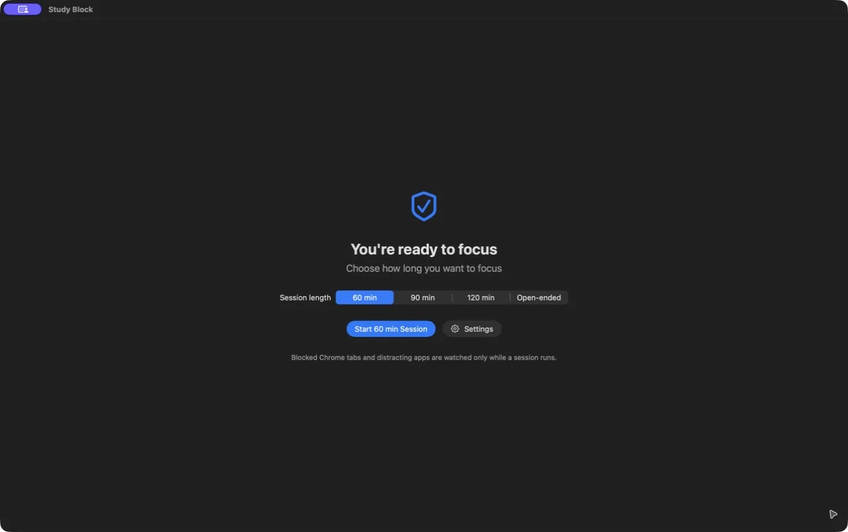 Study Block macOS focus session setup with timer presets and session controls