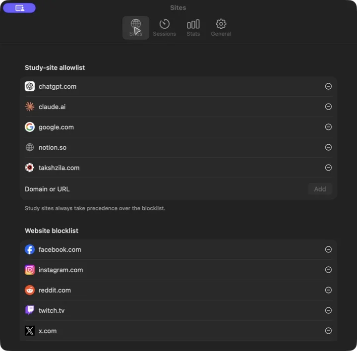 Study Block macOS site settings with study-site allowlist and website blocklist